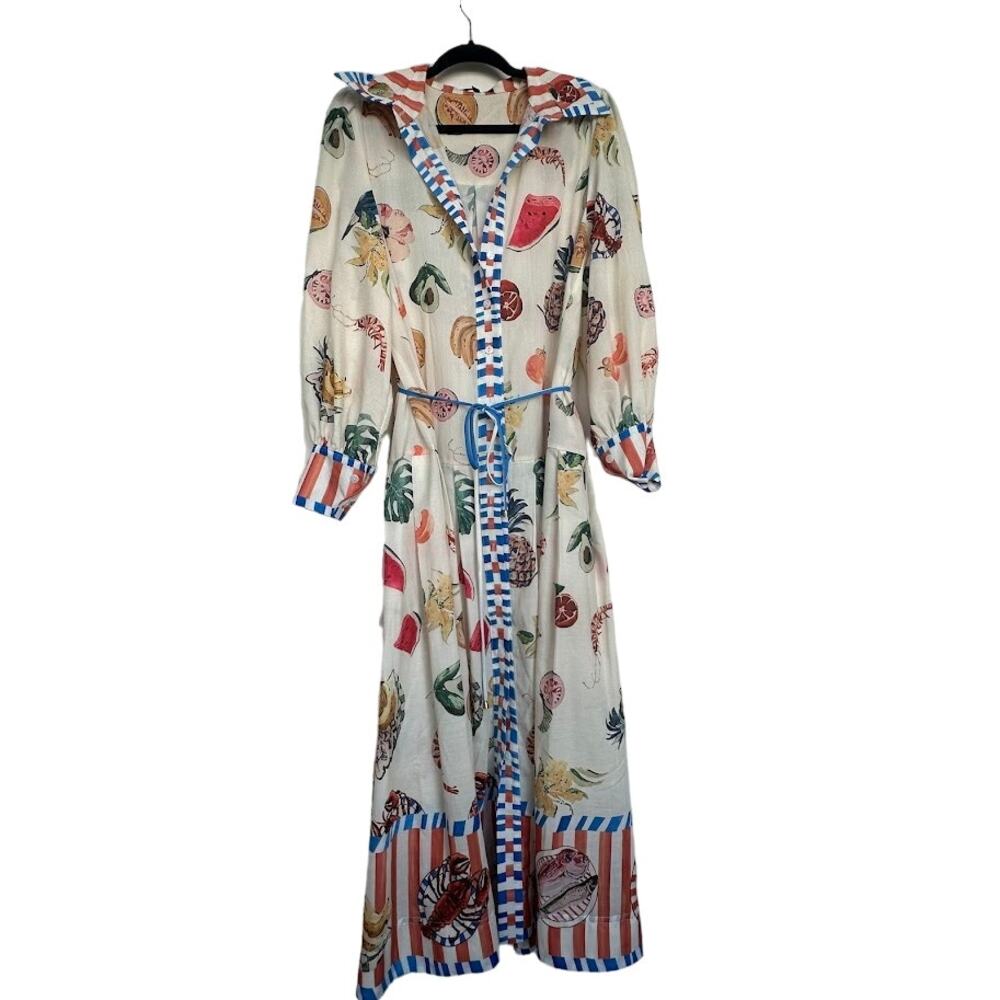 Buelah Fruit Print Midi Dress Button Front Tie Waist Size L - Picture 4 of 16